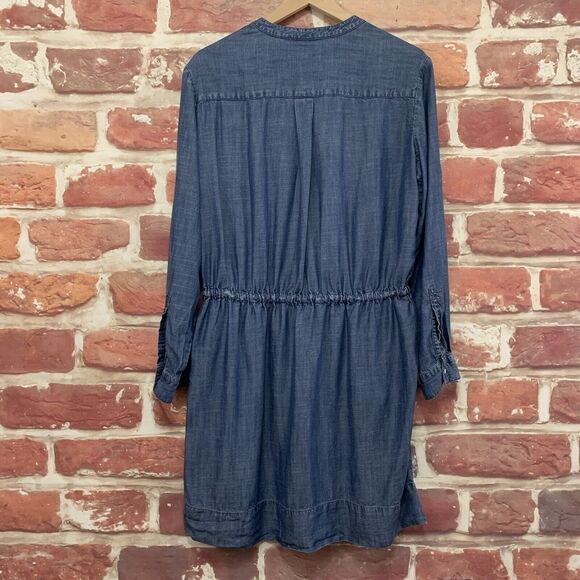 Gap Dress Women's Large Blue Chambray Denim Pocketed Popover Roll Tab Sleeves - Picture 2 of 8
